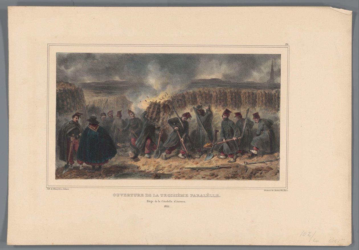 Soldaten graben een loopgraaf, 1832 Åpning av den tredje parallellen (tittel på objekt) Tegninger laget av livet ved beleiringen av Citadel of Antwerpen av Raffet (serietittel på objekt) av Denis Auguste Marie Raffet