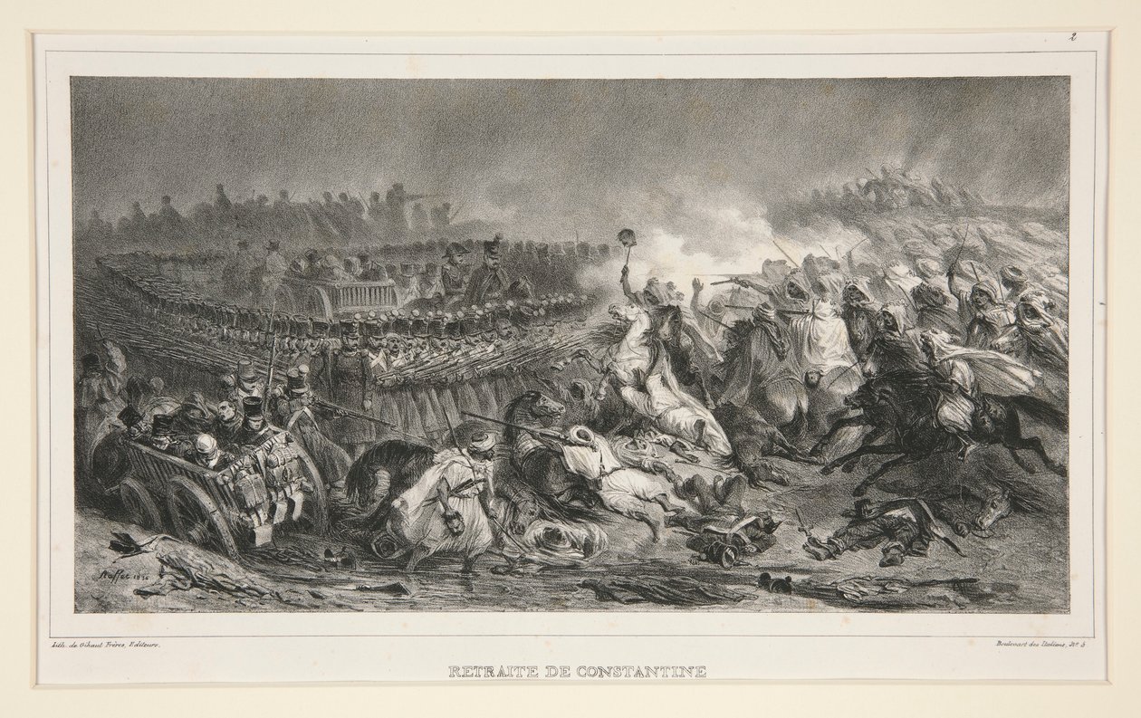 Det andre lette kavaleriet motstår arabernes angrep, fra et sett på seks, med tittelen Retraite de Constantine av Denis Auguste Marie Raffet
