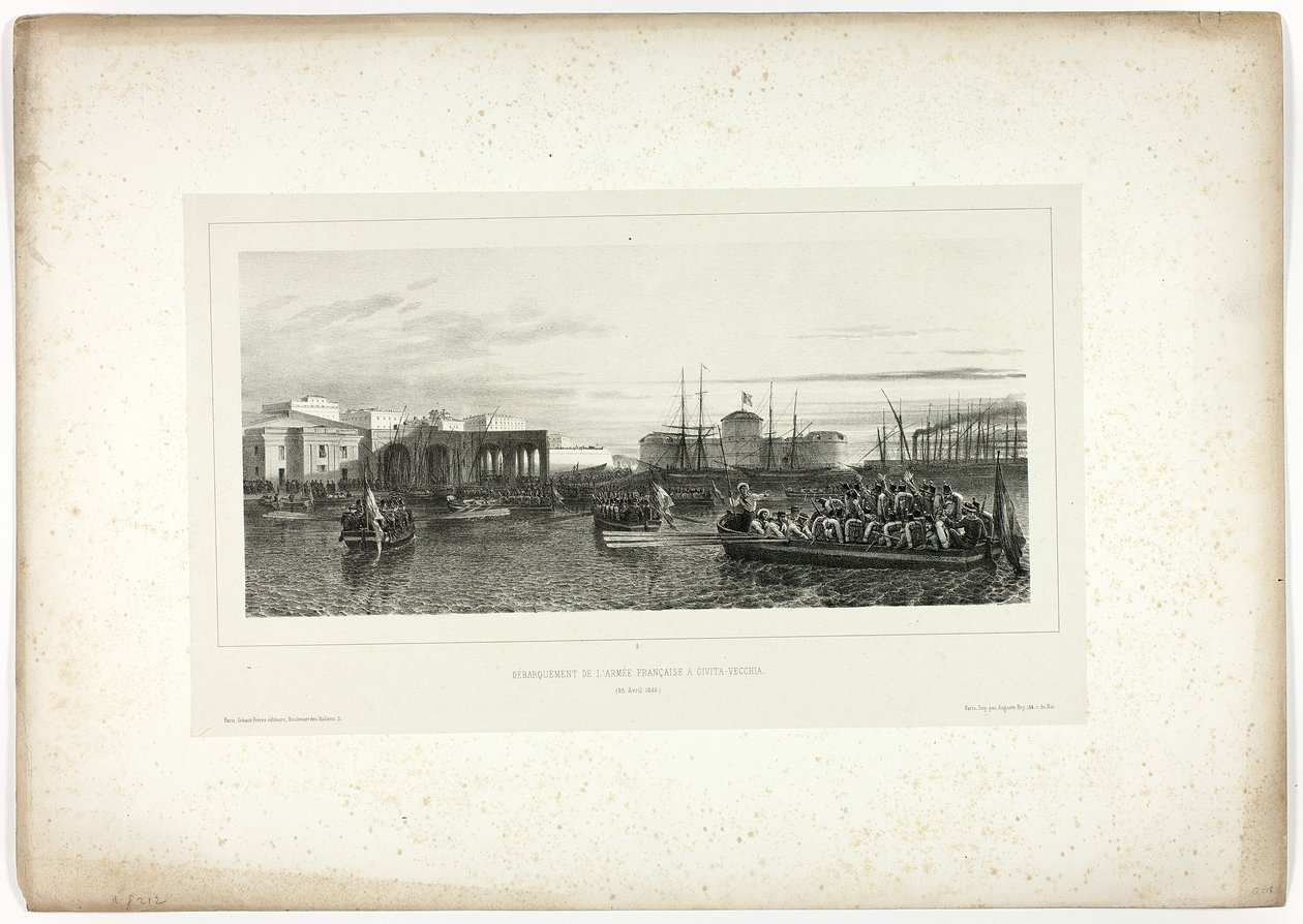 Den franske hæren lander ved Civita-Vecchia, 25. april 1849, fra Souvenirs of Italy: Expedition to Roma av Denis Auguste Marie Raffet