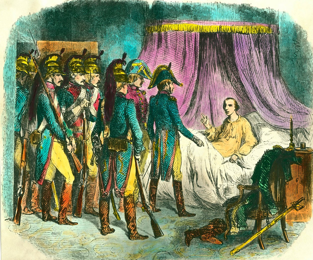 Arrestasjonen av Louis Antoine Henri de Bourbon, hertugen av Enghien (1772-1804), mistenkt uten bevis for å ha planlagt å ha planlagt mot den første konsulen Napoleon Bonaparte. Gravering av Denis Auguste Raffet (1804-1860) 1800-tallet. Privat samling av Denis Auguste Marie Raffet