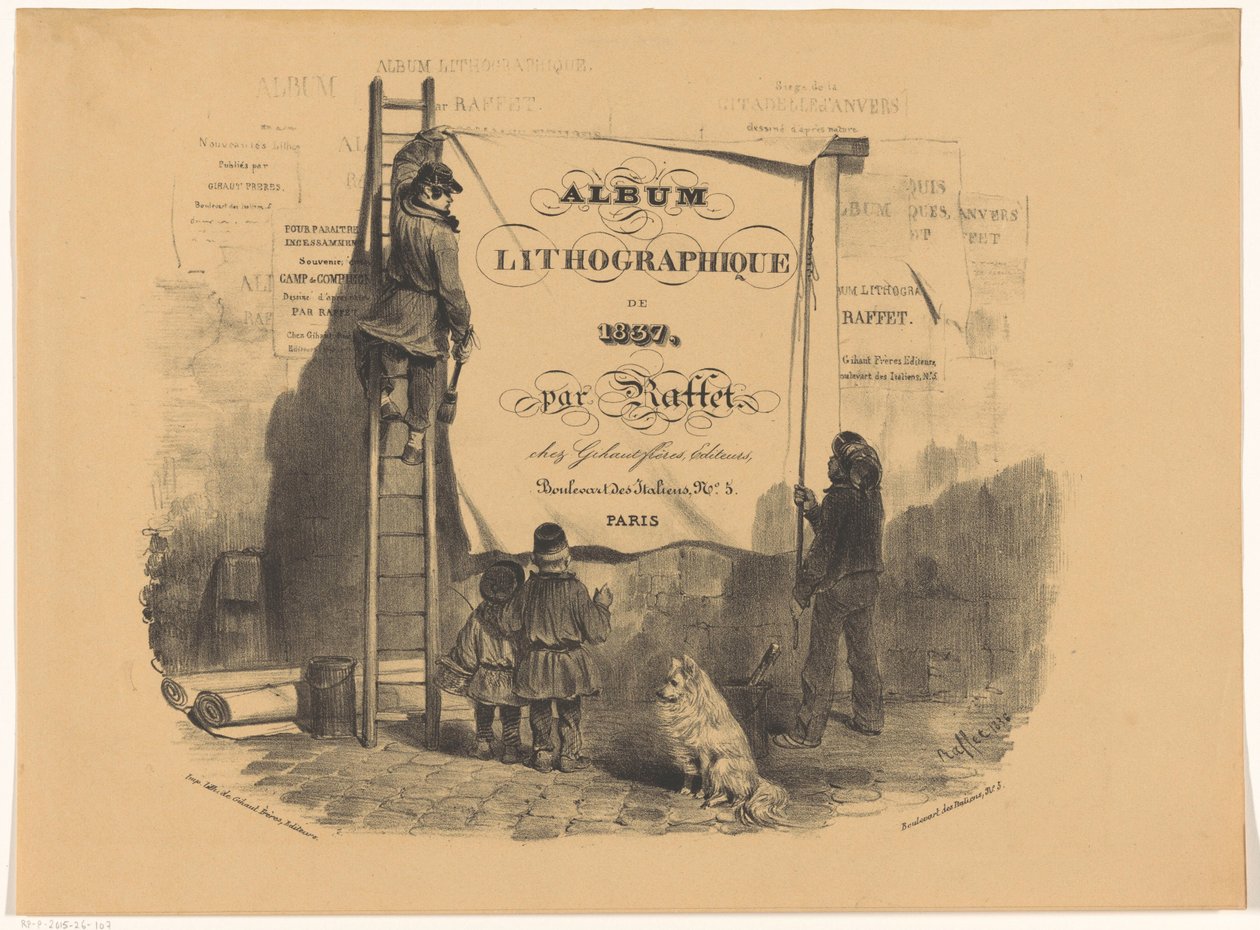 To menn stikker en plakat mot en vegg Album lithographique de 1837 (serietittel på objekt) av Denis Auguste Marie Raffet