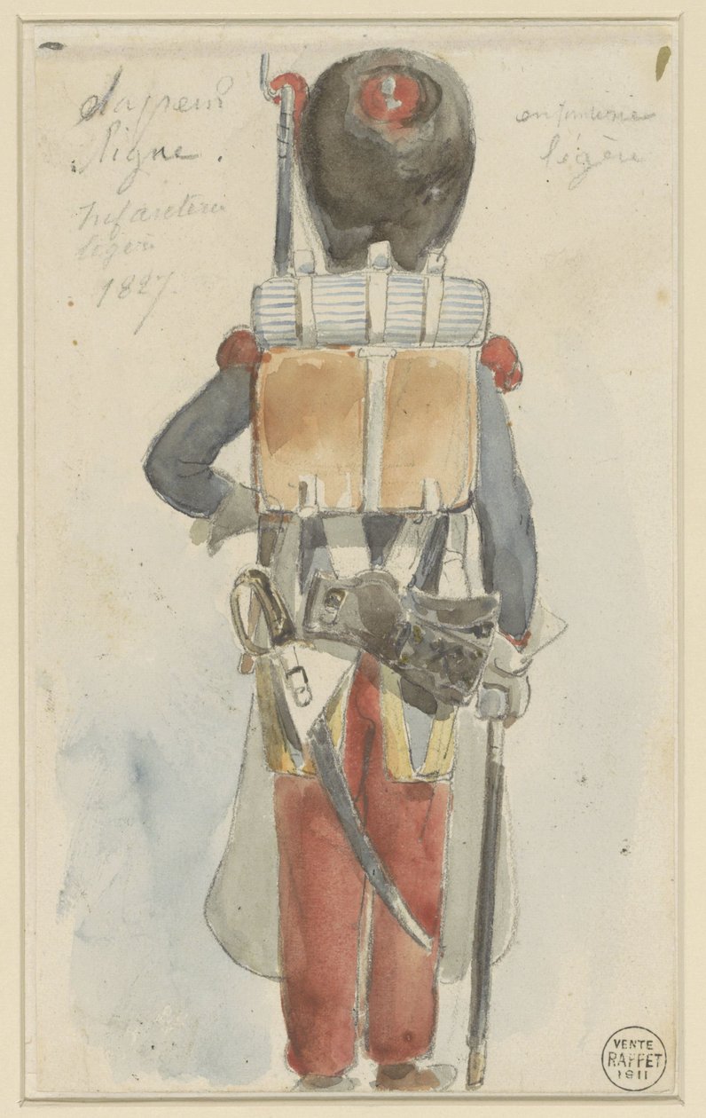 Uniformstudie Line sapper. Lett infanteri 1827 (tittel på objekt) av Denis Auguste Marie Raffet