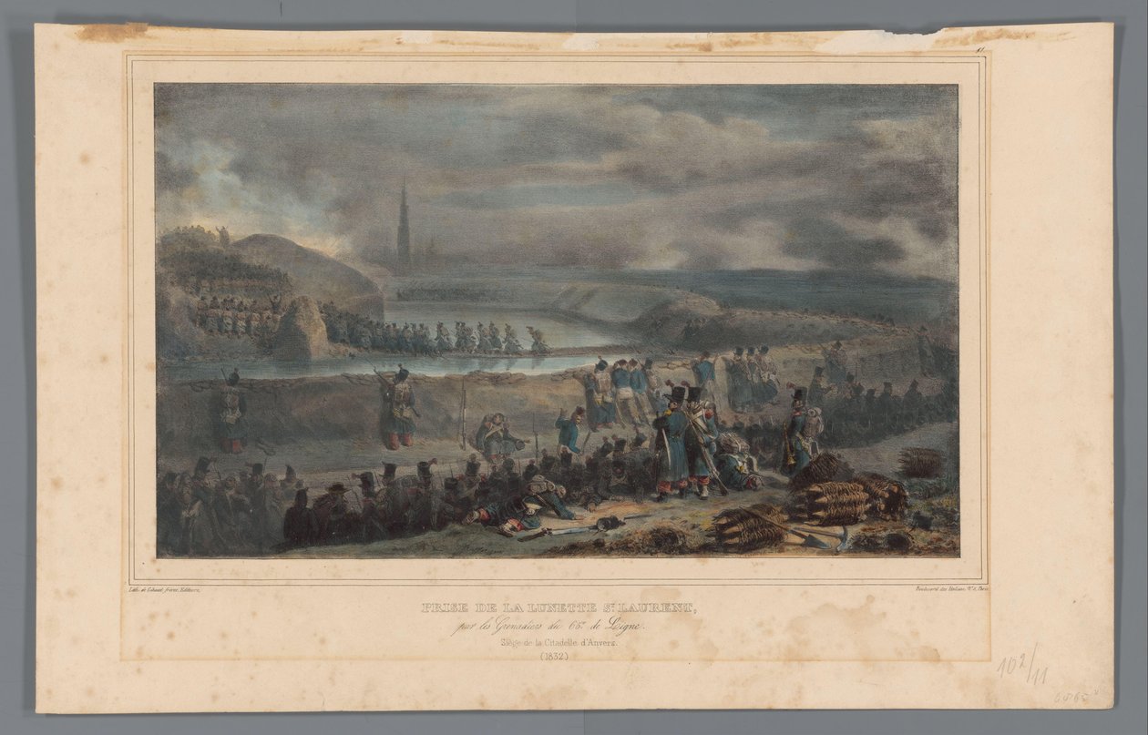 Verovering van de lunette St. Laurent, 1832 Ta av St. Laurent-rammen av Grenadiers of the 65th of Line (tittel på objekt) Tegninger laget fra naturen ved beleiringen av Citadellet i Antwerpen av Raffet (serietittel på objekt) av Denis Auguste Marie Raffet
