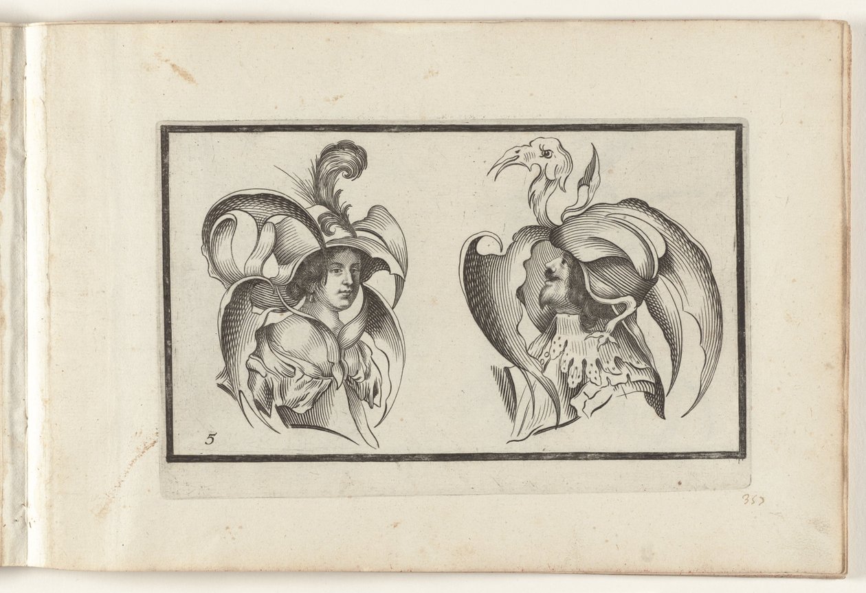 Et manns- og en kvinnehode med groteske hatter og krager Hodeplaggdesign (serietittel) Ouvrage rare et nouveau, contenant plusieurs desseins de merveilleuse rekreation sous diverses caprices et gentillesses representees en l