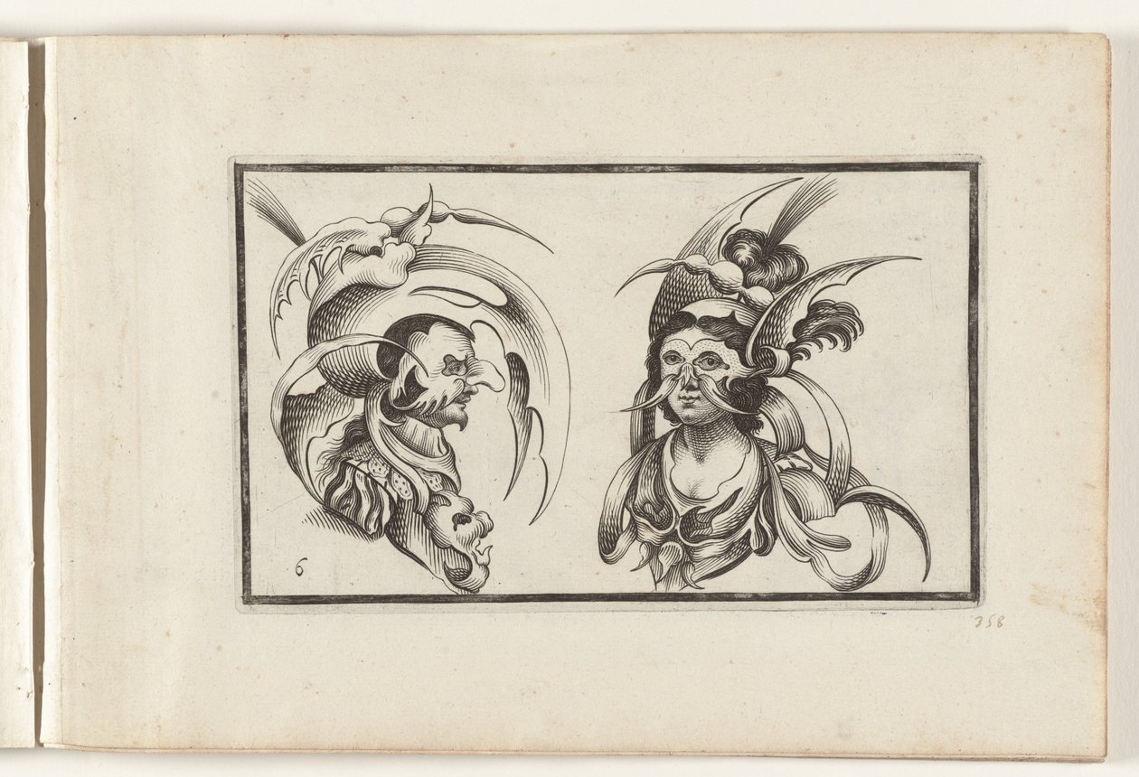 Mannlige og kvinnelige hoder med groteske hatter og krager Hodeplaggdesign (serietittel) Ouvrage rare et nouveau, contenant plusieurs desseins de merveilleuse rekreation sous diverses caprices et gentillesses representees en l