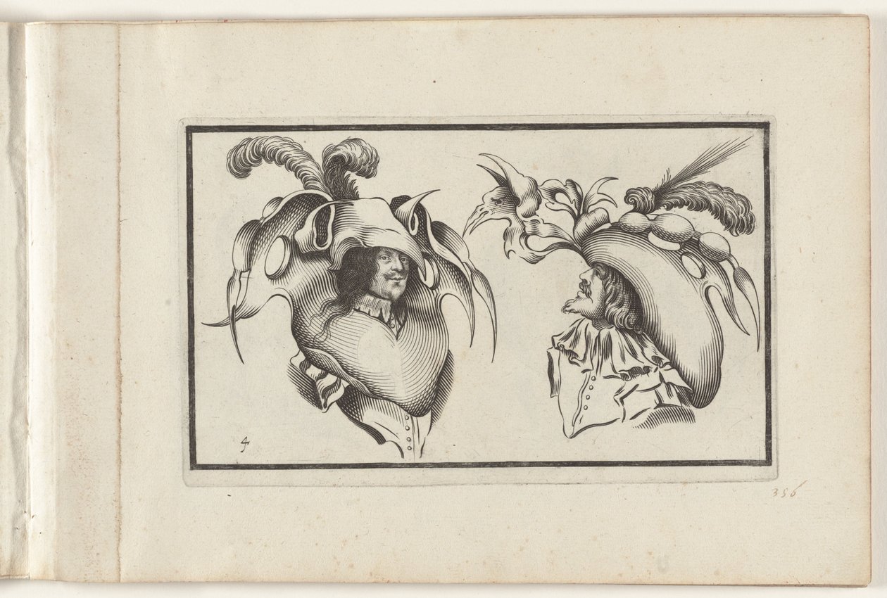 To menns hoder med groteske hatter og krager Hodeplaggdesign (serietittel) Ouvrage rare et nouveau, contenant plusieurs desseins de merveilleuse rekreation sous diverses caprices et gentillesses representees en l