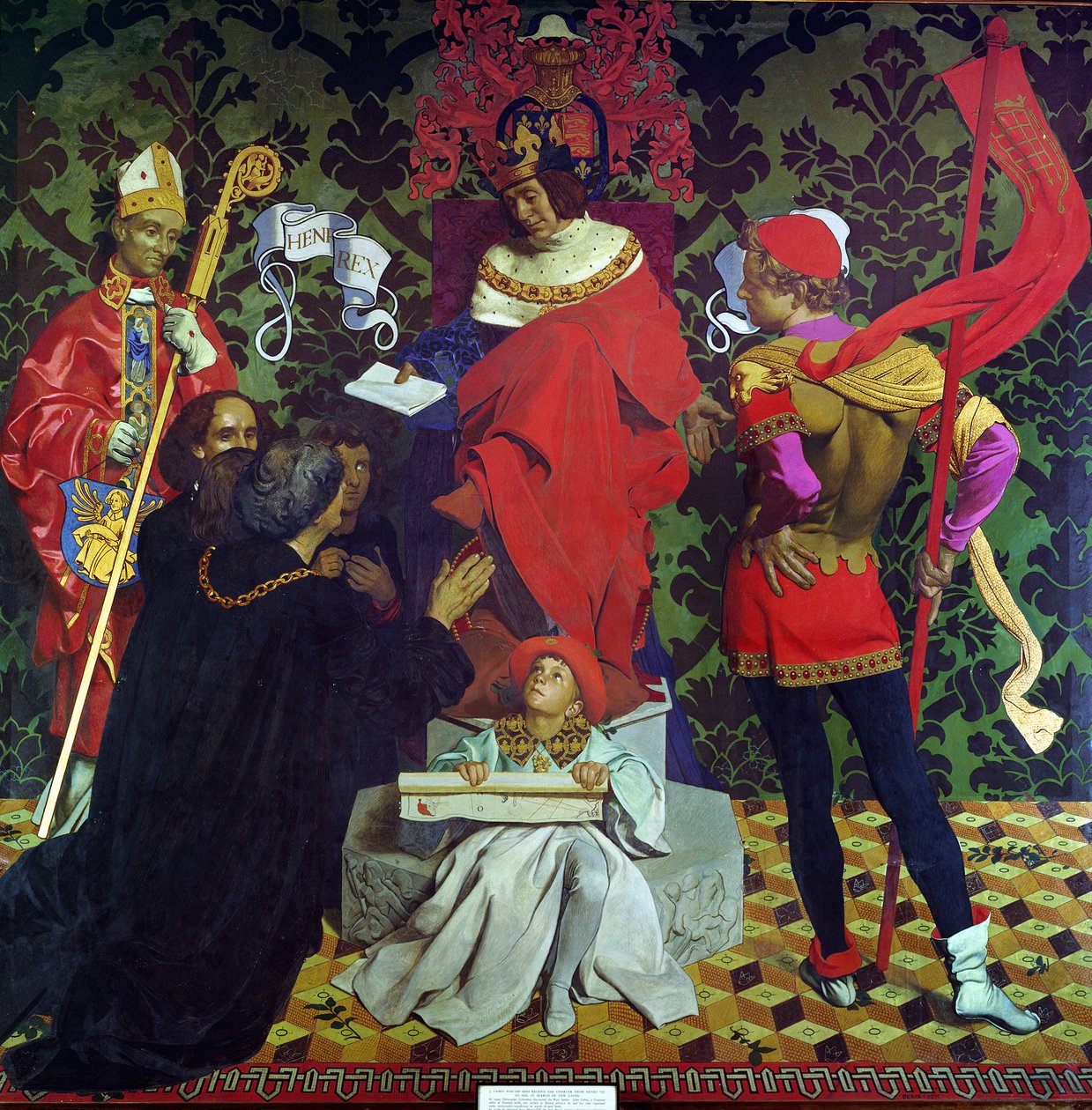 John Cabot og sønnene hans mottar charteret fra Henry VII for å seile på jakt etter nye land av Denis William Eden