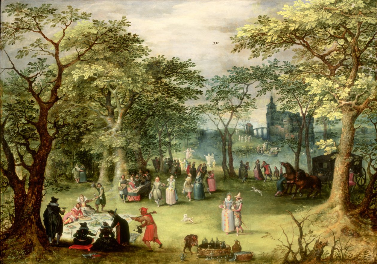 Landskap med "fete galante", (panel) av Denys van Alsloot