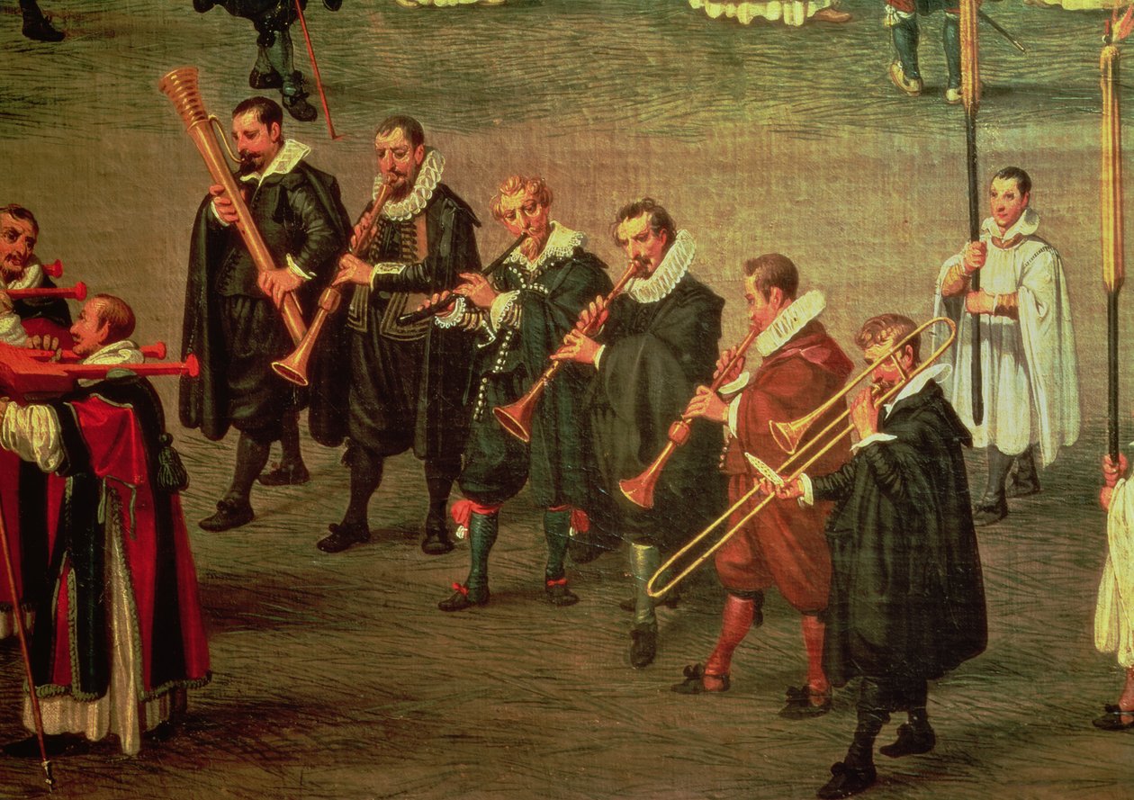 Musikere som deltar i The Ommeganck i Brussel 31. mai 1615: Procession of Notre Dame de Sablon (se 59846) av Denys van Alsloot