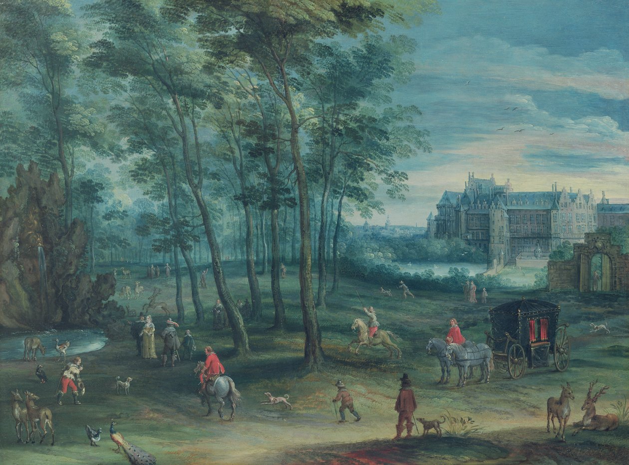 Parken til Viceregal-palasset, Brussel, med elegant selskap ved en fontene, ca. 1600 (olje på kobber) av Denys van Alsloot
