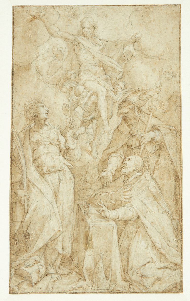 Kristus i skyene, båret av engler, viser seg for en biskop ved en lesepult, en biskopshelgen (St. Augustine?) og Catarina av Alexandria av Denys Calvaert