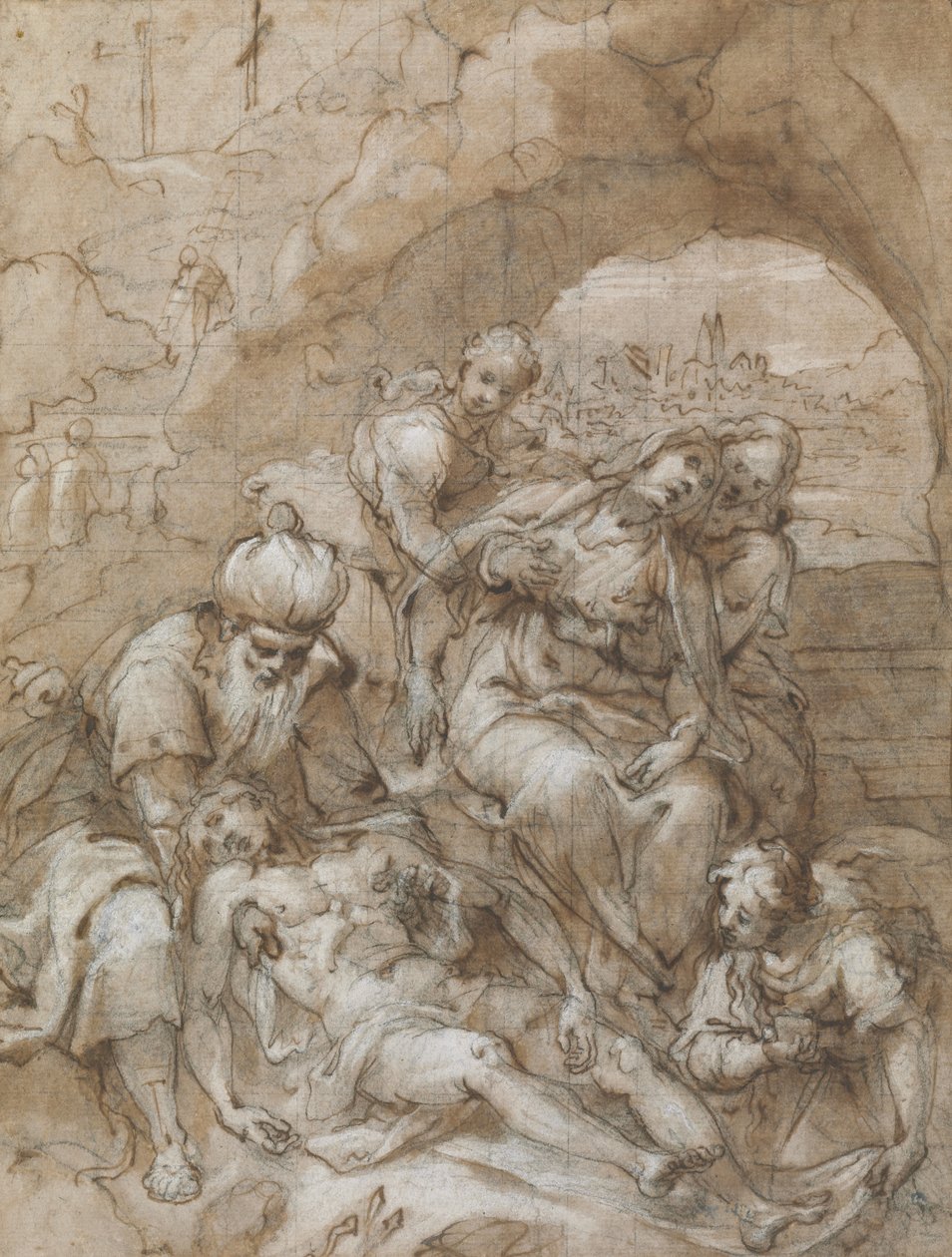 Deponering, ca. 1595 (svart kritt, penn og brunt blekk, wc og hvit forhøyning, rutet for overføring med svart kritt, på lagt papir) av Denis Calvaert