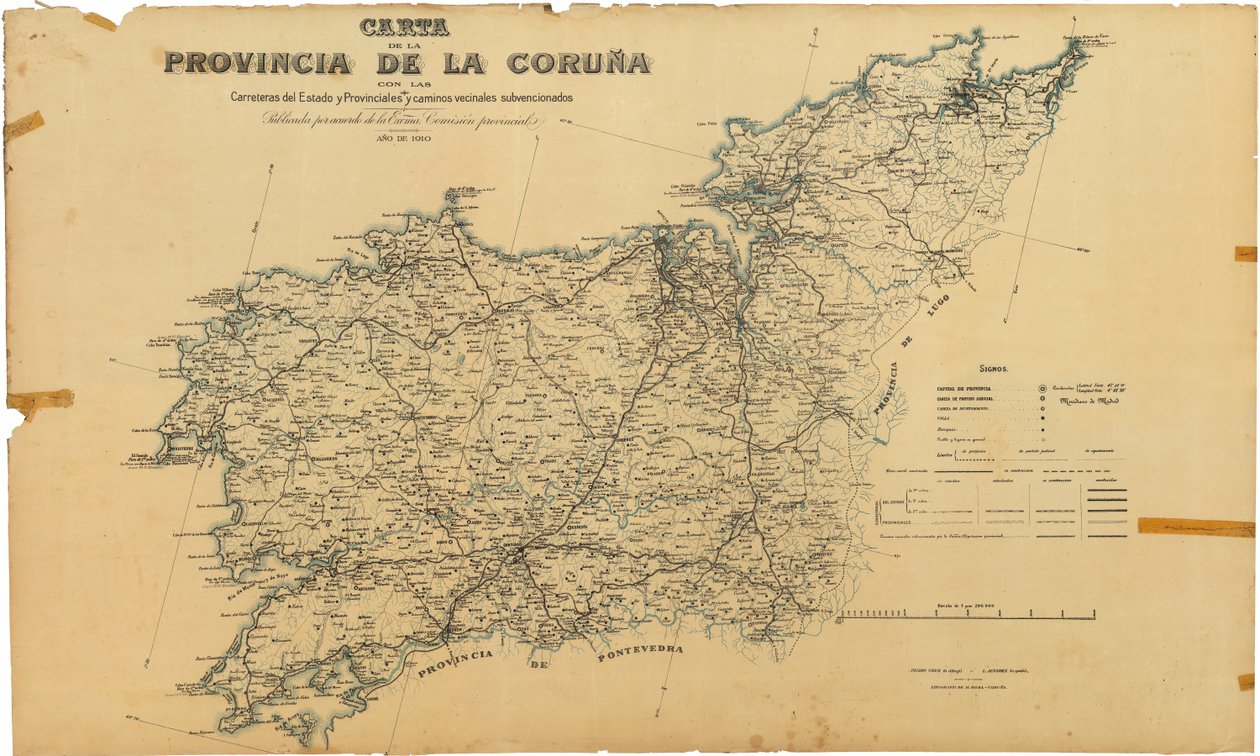Kart over provinsen A Coruña med statlige og provinsielle veier og subsidierte nabolagsveier. Utgitt etter avtale med Hans Eksellense. Provinskommisjonen av Deputación da Coruña
