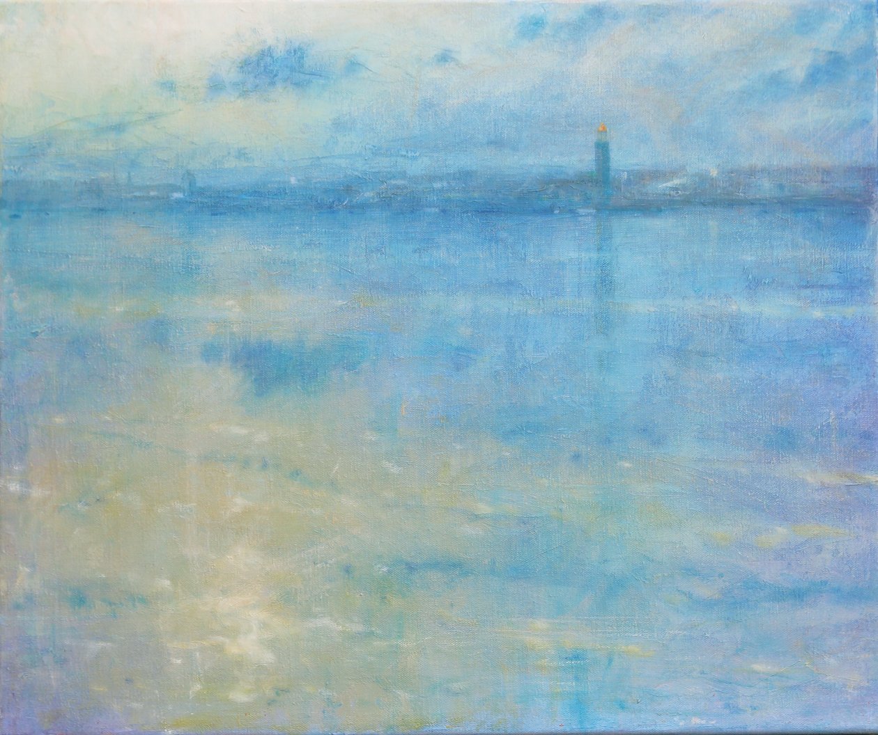 Stockholm Skyline, Riddarfjärden, 2016 (Olje på lerret) av Derek Hare