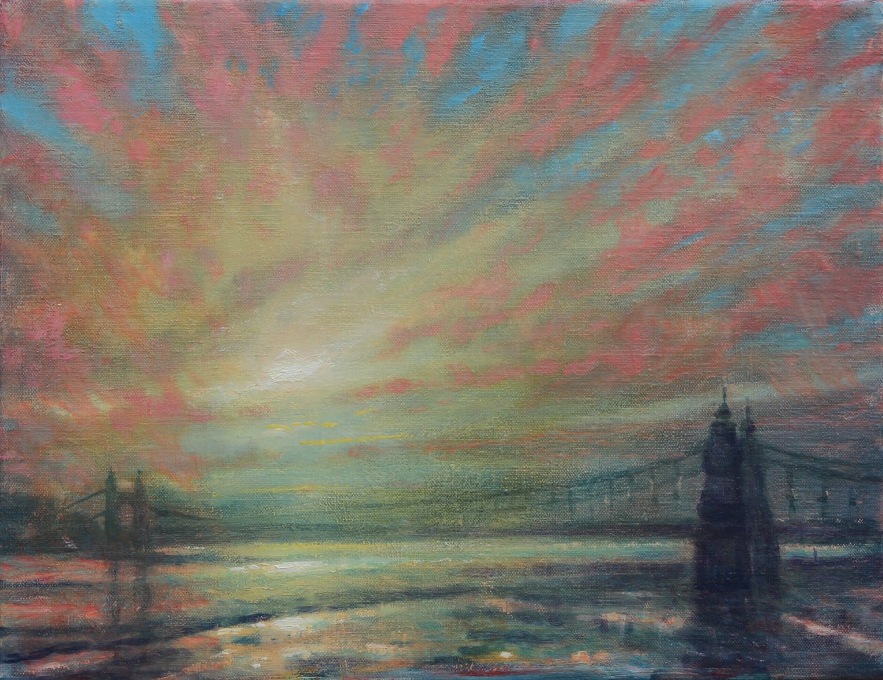 Sunset At Hammersmith Bridge, 2022 (Olje på lerret) av Derek Hare