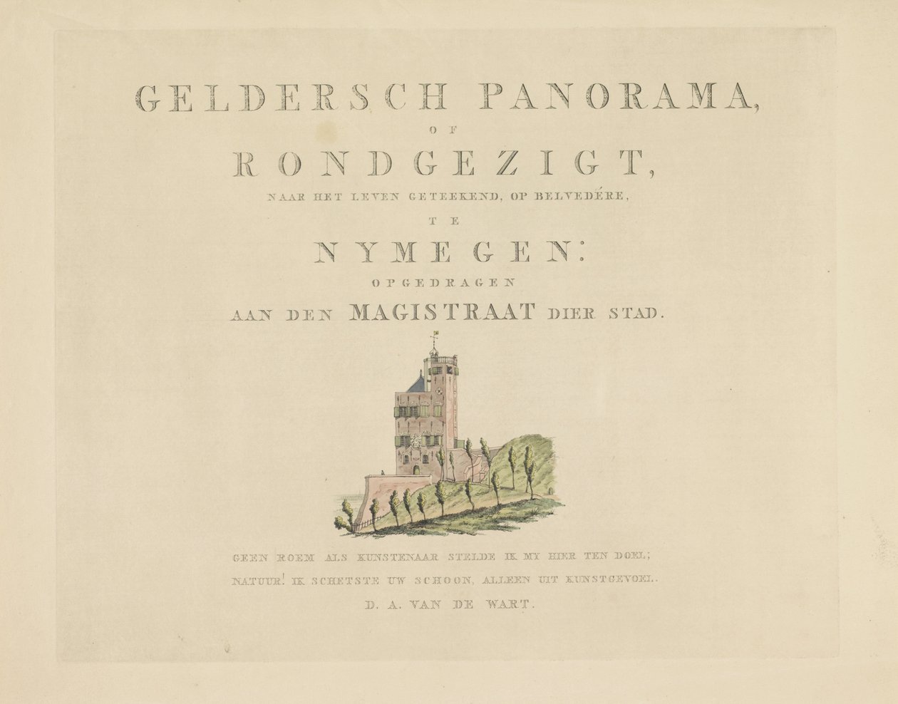 Belvédère i Nijmegen Severdigheter rundt byen Nijmegen (serietittel) Geldersch panorama eller rund utsikt over livet tegnet på belvedere i Nymegen (serietittel på objekt) av Derk Anthony van de Wart