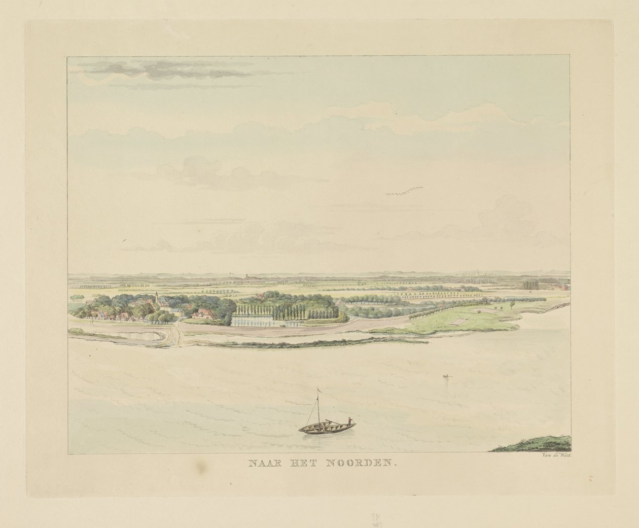 Utsikt over Waal nord for Nijmegen Mot nord (tittel på objekt) Severdigheter rundt byen Nijmegen (serietittel) Geldersch panorama eller rund utsikt over livet tegnet på belvedere i Nymegen (serietittel) av Derk Anthony van de Wart