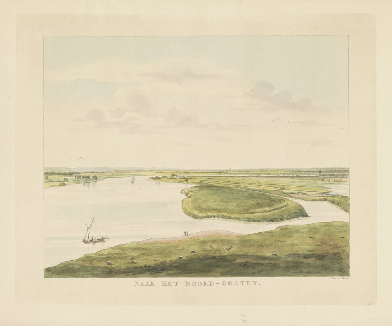 Utsikt over Waal nordøst for Nijmegen Mot nord-øst (tittel på objekt) Severdigheter rundt byen Nijmegen (serietittel) Geldersch panorama eller rund utsikt over livet tegnet på belvedere i Nymegen (serietittel) av Derk Anthony van de Wart