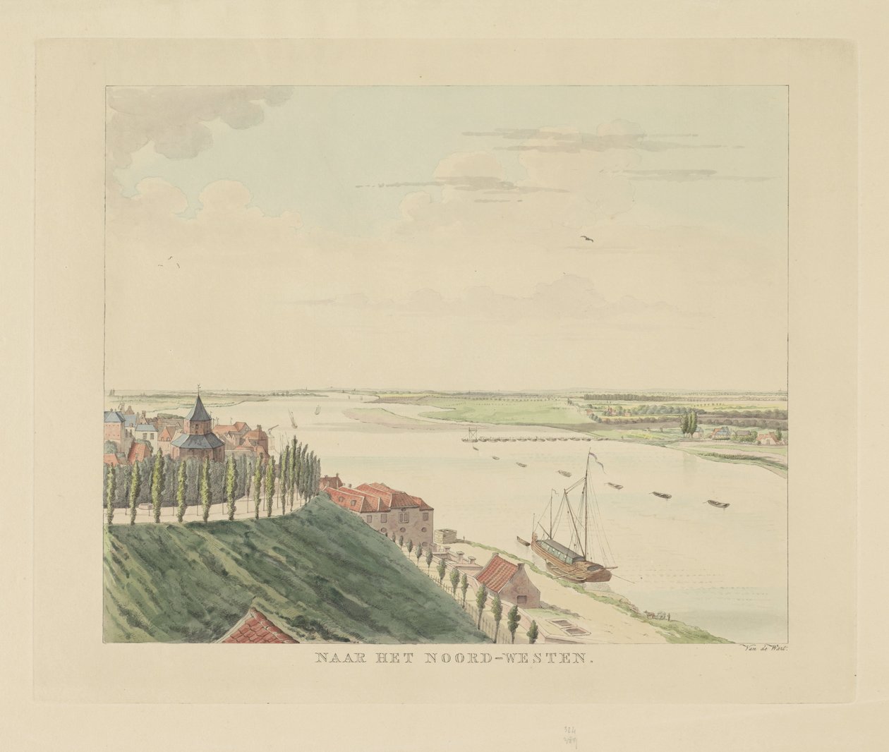 Utsikt over Valkhof og Waal nordvest for Nijmegen Mot nordvest (tittel på objekt) Severdigheter rundt byen Nijmegen (serietittel) Geldersch panorama eller rund utsikt over livet tegnet på belvedere i Nymegen (serietittel) av Derk Anthony van de Wart
