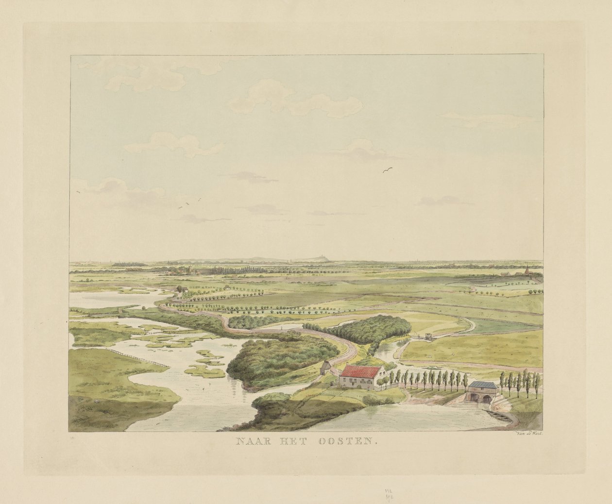 Utsikt over landskapet øst for Nijmegen Mot øst (tittel på objekt) Severdigheter rundt byen Nijmegen (serietittel) Geldersch panorama eller rund utsikt over livet tegnet på belvedere i Nymegen (serietittel) av Derk Anthony van de Wart