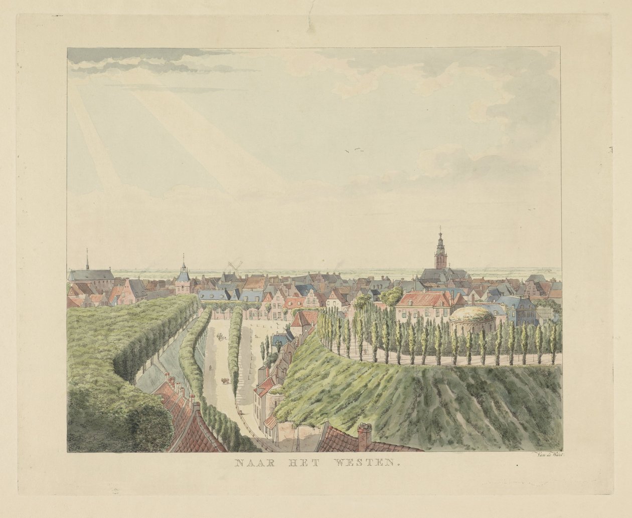 Nijmegen, utsikt fra Belvédère mot vest Mot vest (tittel på objekt) Severdigheter rundt byen Nijmegen (serietittel) Geldersch panorama eller rund utsikt over livet tegnet på belvedere i Nymegen (serietittel) av Derk Anthony van de Wart