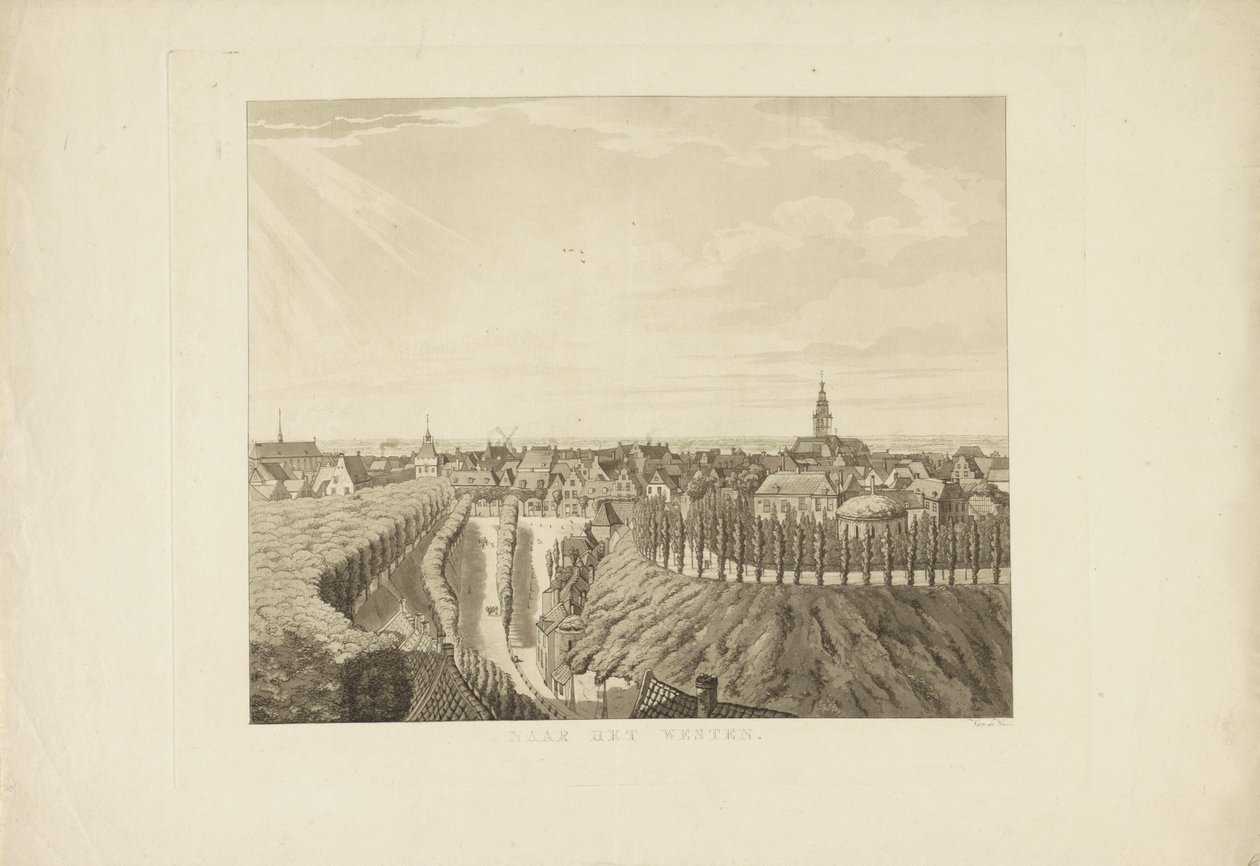 Nijmegen, utsikt fra Belvédère mot vest Mot vest (tittel på objekt) Utsikt rundt byen Nijmegen (serietittel) Gelderland panorama eller rund utsikt hentet fra livet på belvedere i Nymegen (serietittel) av Derk Anthony van de Wart