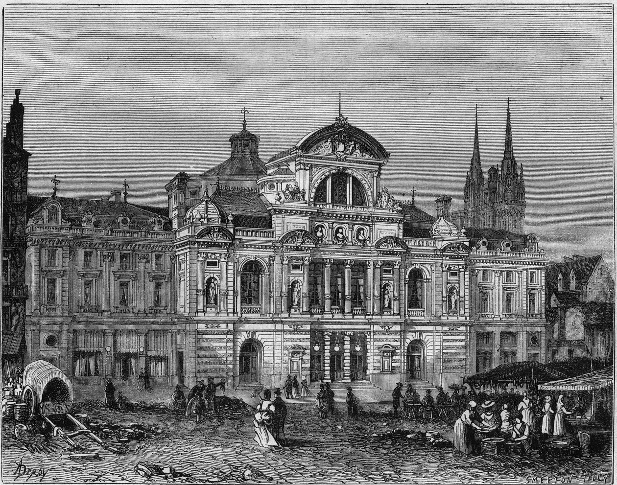 Utvendig utsikt over Grand Theatre of Angers, ferdigstilt i 1871 i henhold til planene til arkitekten Lucien Botrel. Maine et Loire (49) av Deroy (after)