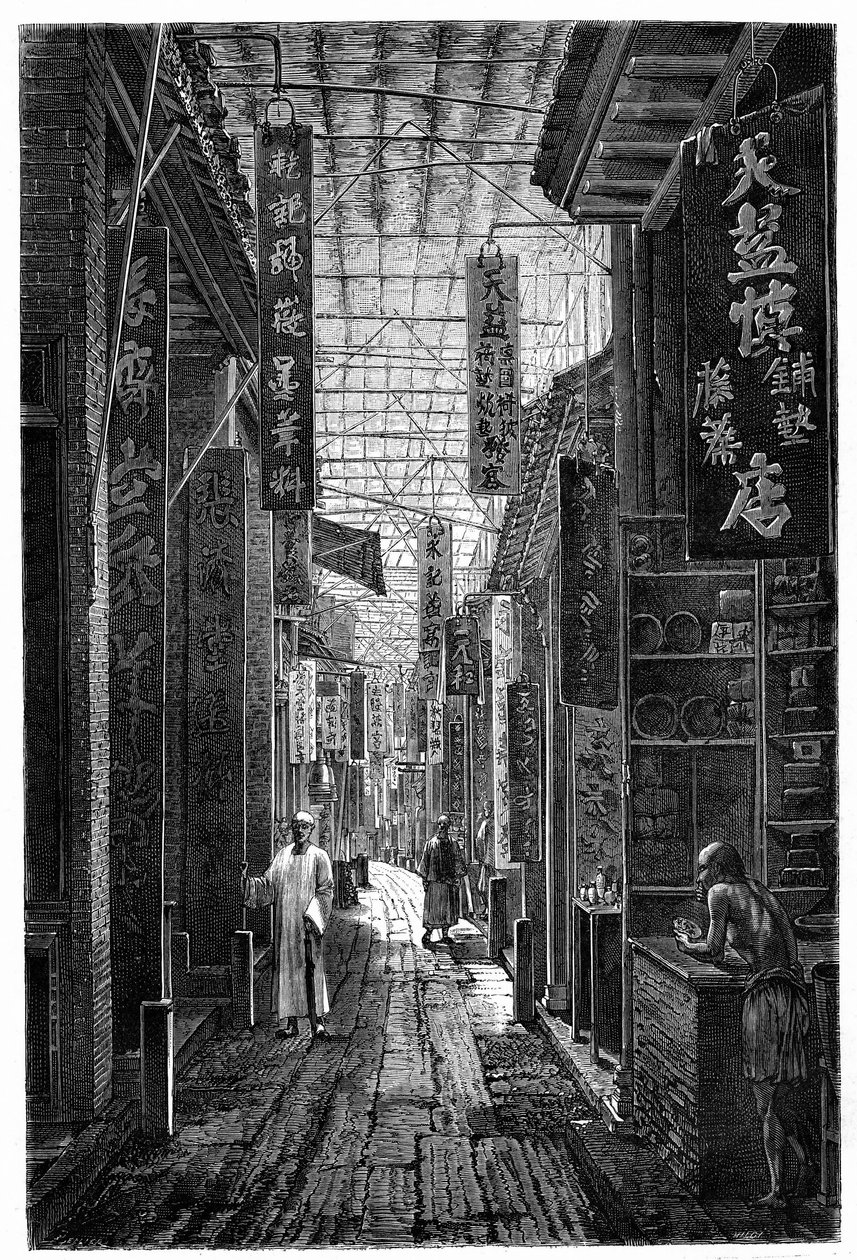 Utsikt over Pharmacy Street i Guangzhou (Guangzhou). Gravering etter en tegning av Deroy, i "" Le Tour du Monde, Nouveau journal des Voyages", redigert av Edouard Charton, Paris av Deroy (after)
