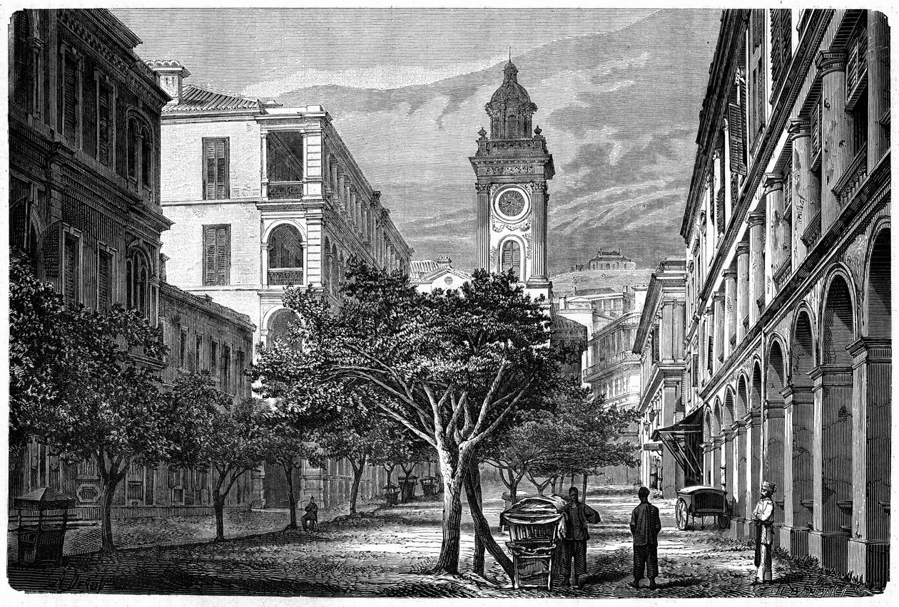 Utsikt over det historiske klokketårnet i Hong Kong. Gravering etter en tegning av Deroy, i "" Le Tour du Monde, Nouveau journal des Voyages", redigert av Edouard Charton, Paris av Deroy (after)