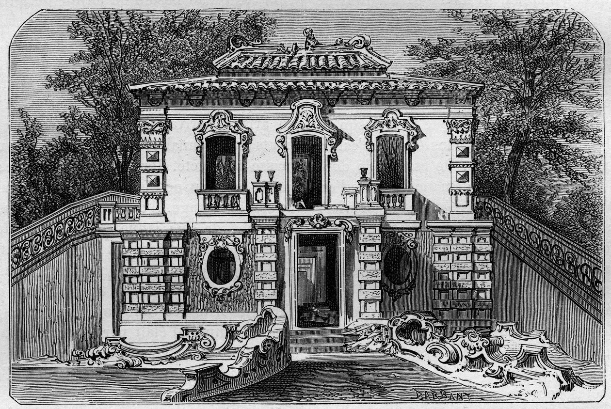 Yuanmingyuan European Palace, den perfekte Clarte Garden ved Ete Palace nær Pekin (Beijing). Gravering etter en tegning av Deroy, i "" Le Tour du Monde, Nouveau journal des Voyages", redigert av Edouard Charton, Paris av Deroy (after)