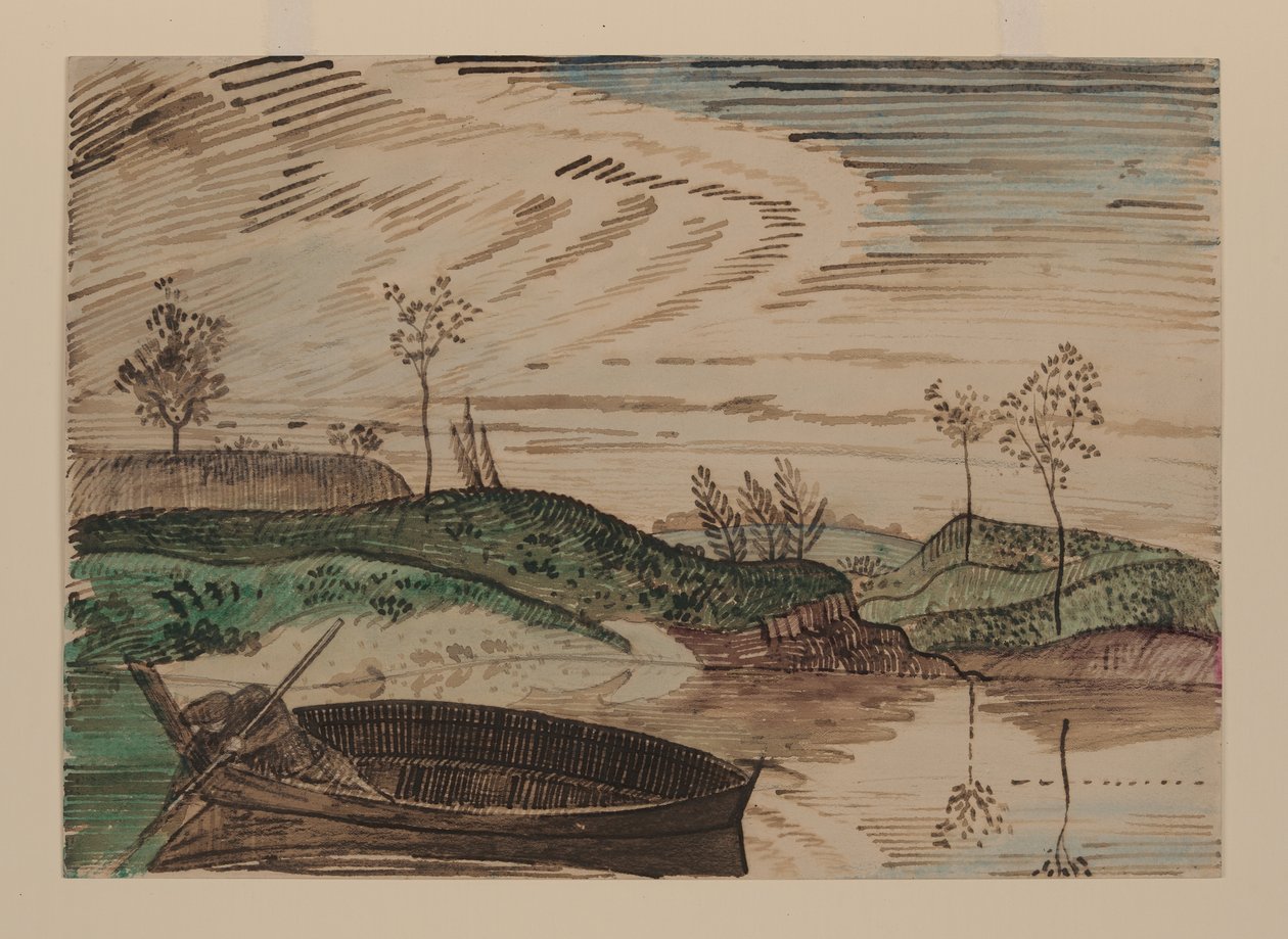 På Bsura-elven, Polen, ca. 1915 (akvarell, blyant og kritt på papir) av Derwent Lees