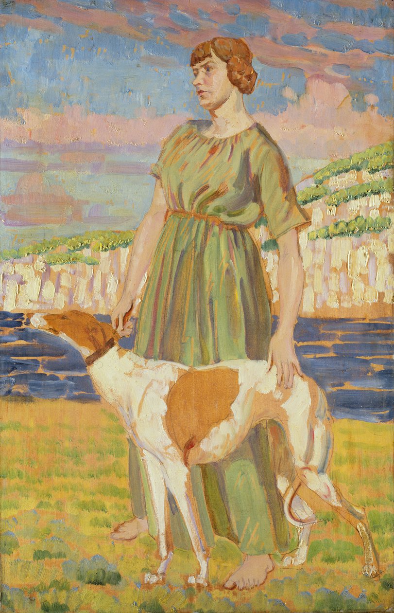 Portrett av Elizabeth Lipczinski med hunden hennes Fanny, ca. 1911-12 av Derwent Lees
