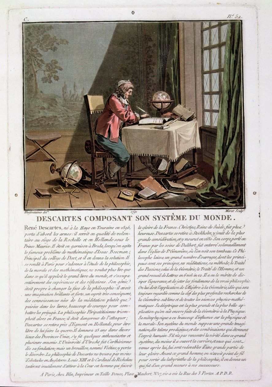 Rene Descartes (1596-1650) skriver sitt verdenssystem, gravert av Jean Baptiste Moret (fl.1790-1820), 1791 av Desfontaines