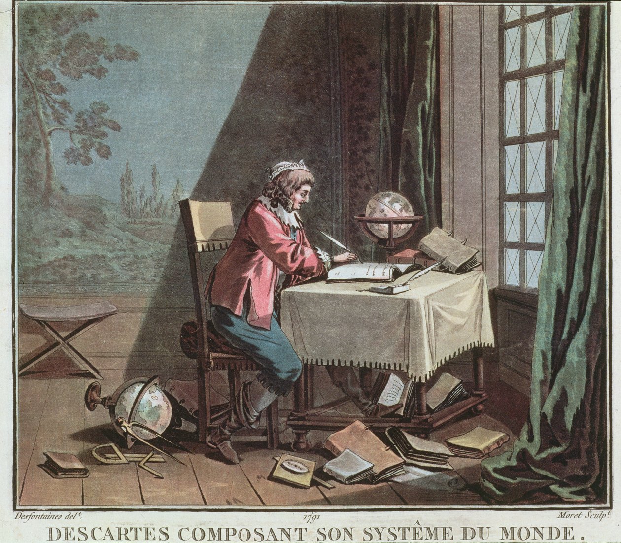 Rene Descartes (1596-1650) skriver sitt verdenssystem, gravert av Jean Baptiste Moret (fl.1790-1820), 1791 av Desfontaines