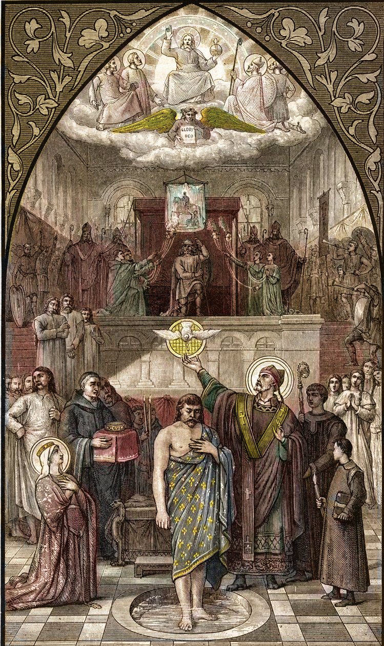 Saint Remigius baptizes Clovis in Reims - The baptism of the King of the Francs Clovis I (466-511) in Reims by the Eveque Saint Remi on 25/12/496 (or 499) - engraving after the painting by Desire Francois Laugee av Desire Francois Laugee