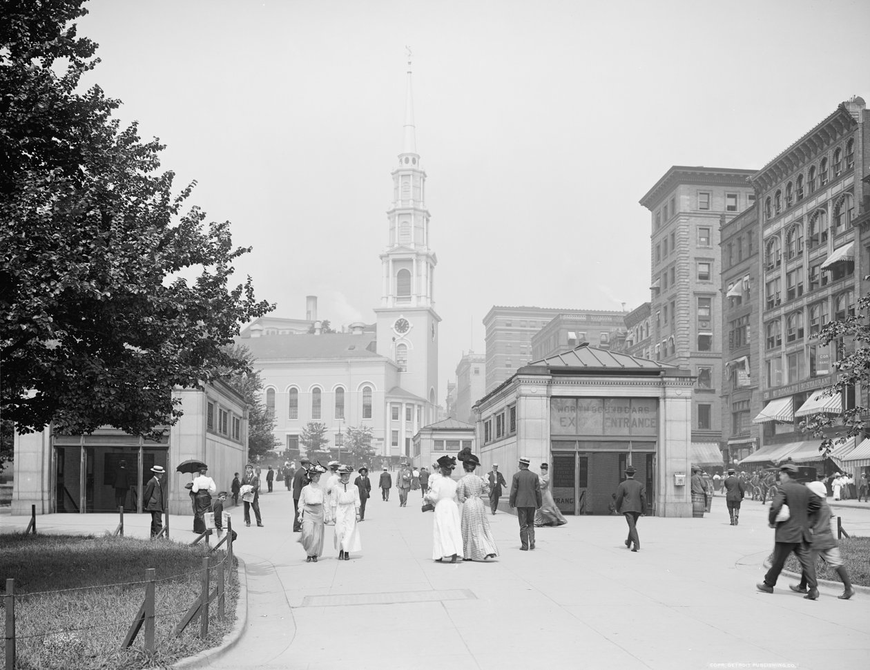 Park Street Church og Tremont Street kjøpesenter, Boston, Massachusetts, ca. 1906 av Detroit Publishing Co.