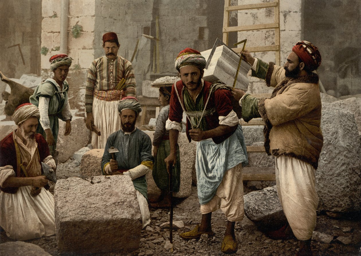 Steinhoggere, Jerusalem, ca. 1890-c. 1900 (fotokromtrykk) av Detroit Photographic Co.