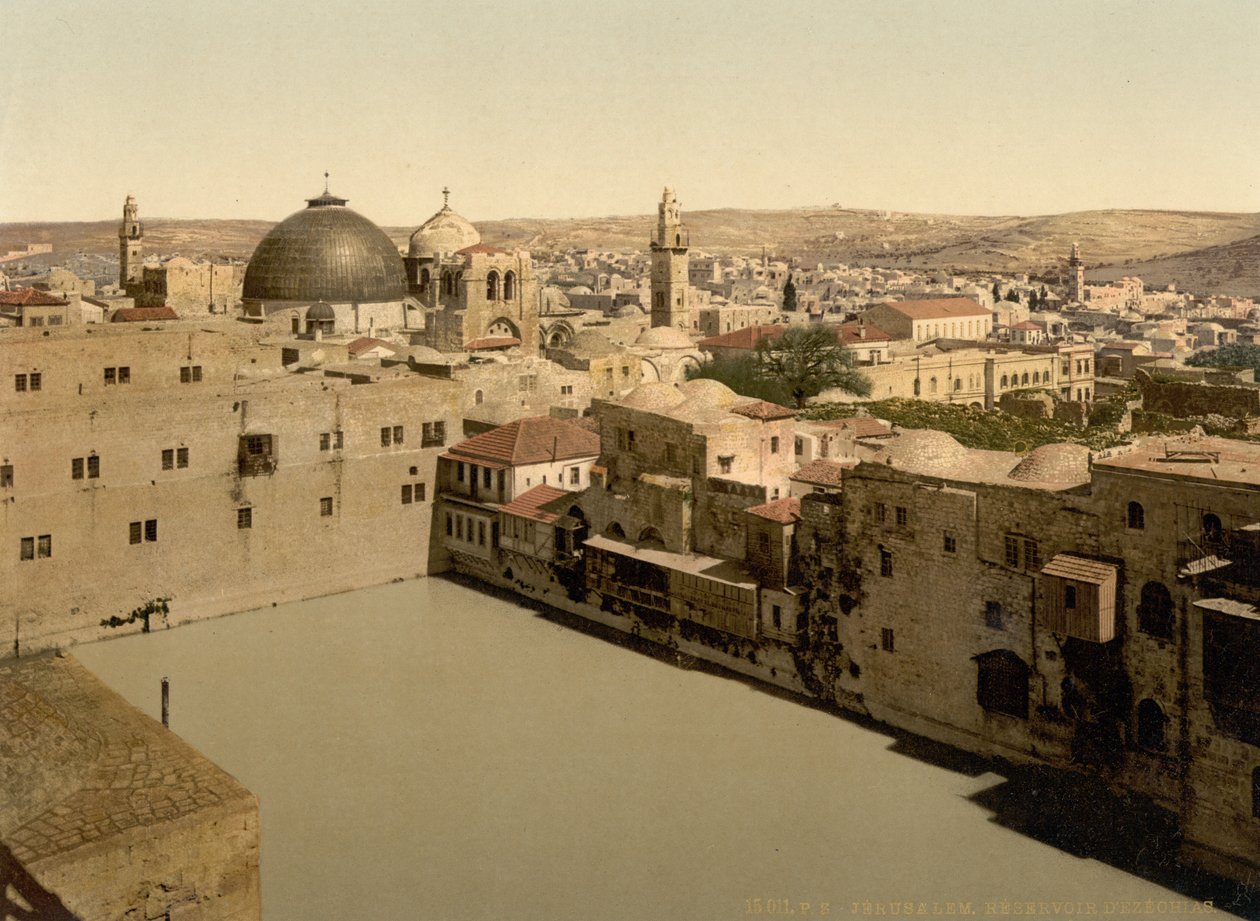 The Pool of Hezekiah, Jerusalem, Det hellige land, ca. 1890-c. 1900 (fotokromtrykk) av Detroit Photographic Co.