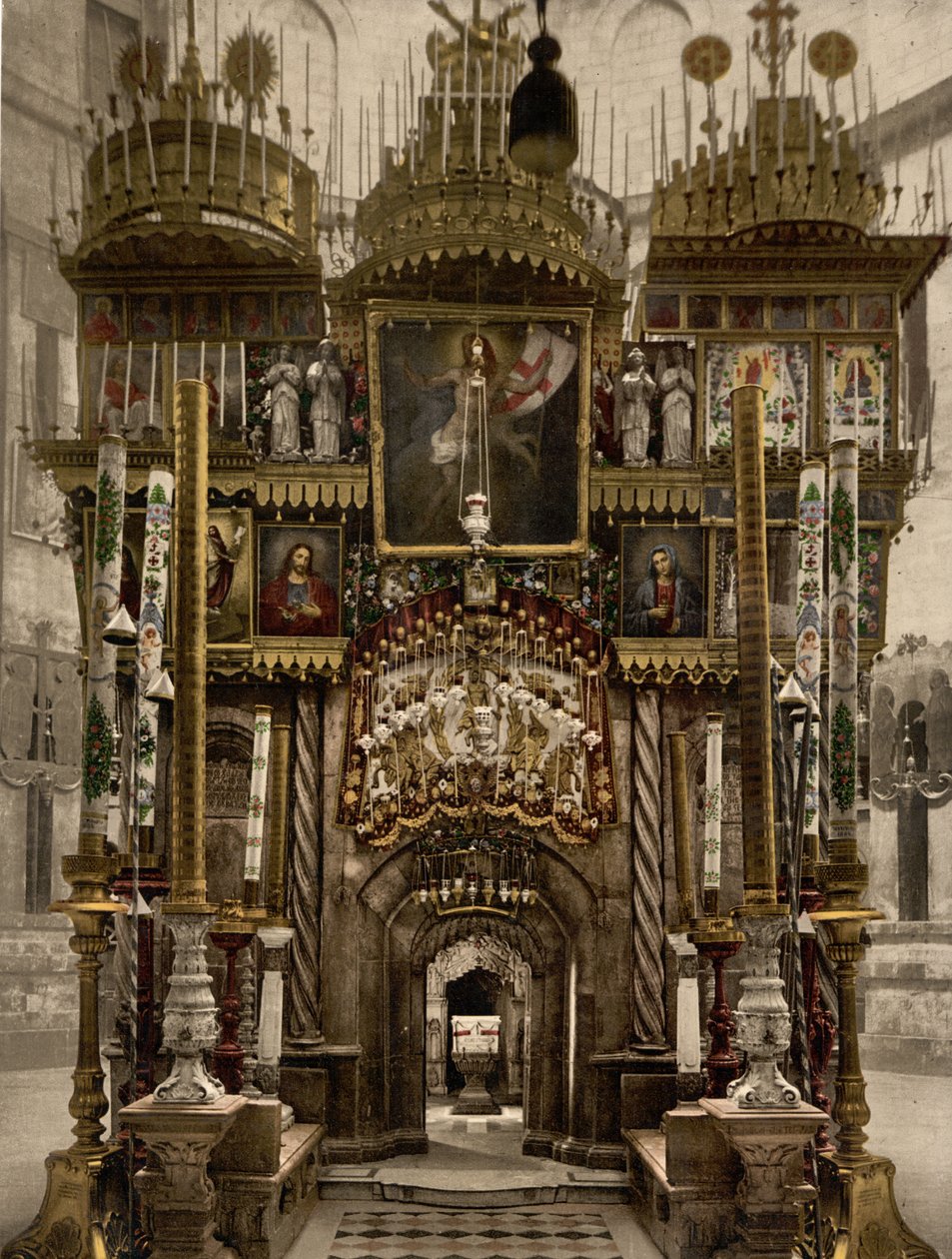 Interiøret i Den hellige grav, Jerusalem, Det hellige land, ca. 1890-c. 1900 (fotokromtrykk) av Detroit Photographic Co.