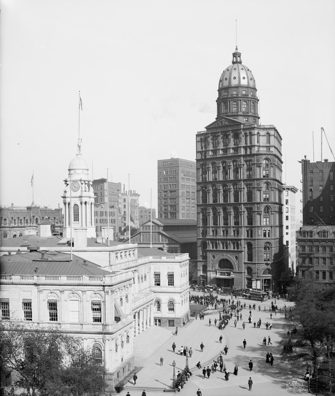 Rådhuset og verdensbygningen, New York City, USA, ca. 1905 (s/hvitt-bilde) av Detroit Publishing Co.