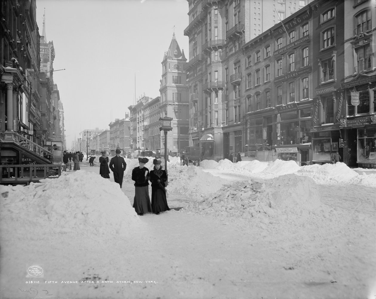 Fifth Avenue etter en snøstorm, New York, ca. 1905 (s/hvitt-bilde) av Detroit Publishing Co.