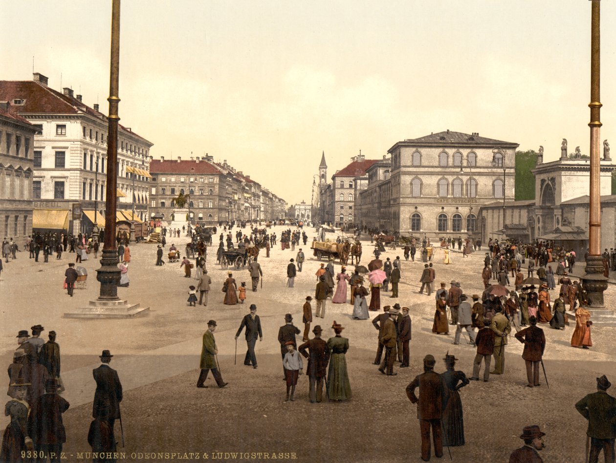 Gatescene, Odensplatz og Ludwigstrasse, München, Bayern, Tyskland, ca. 1900 av Detroit Publishing Co.