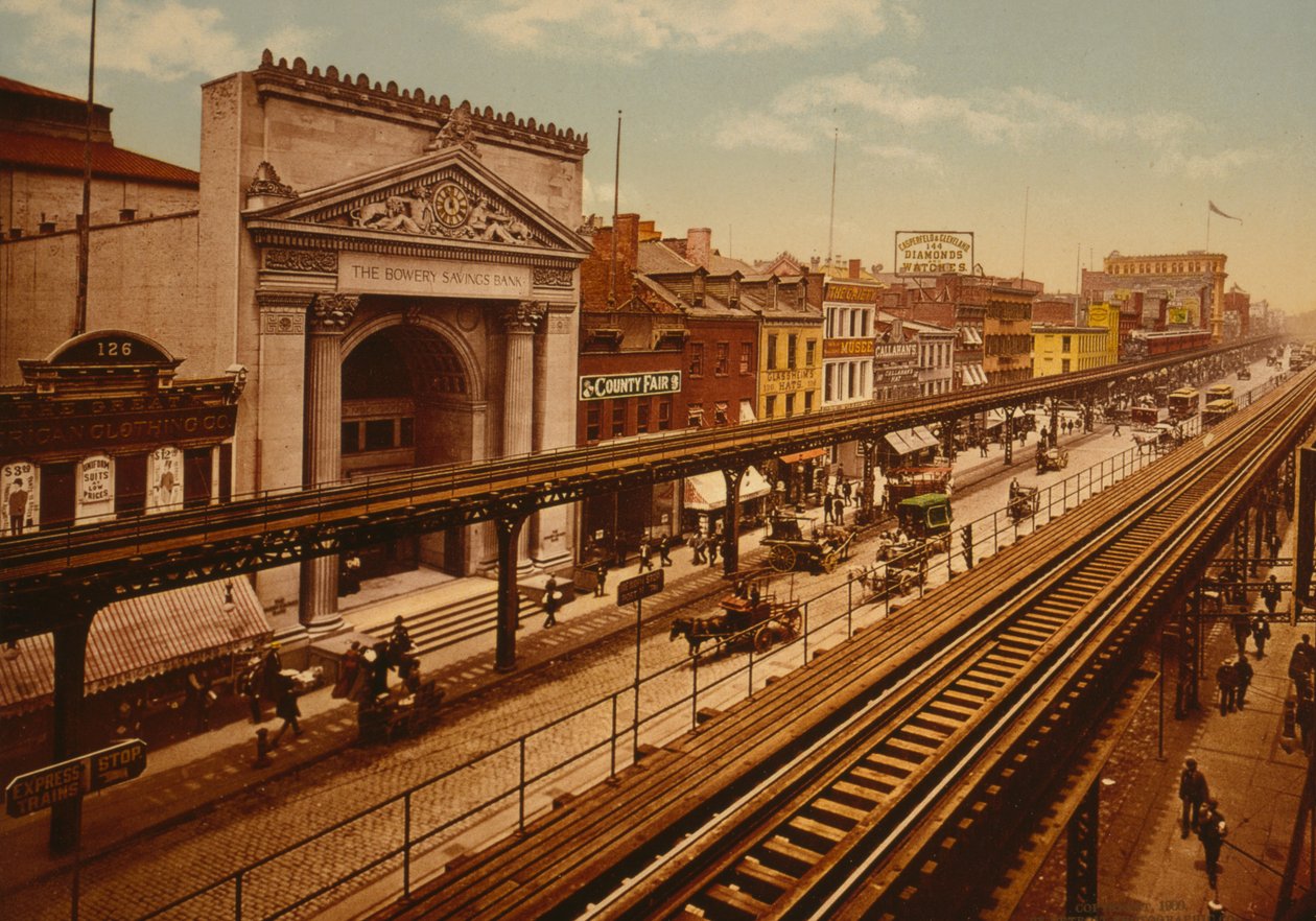 The Bowery, New York City, ca. 1900 (fotokrom) av Detroit Publishing Co.