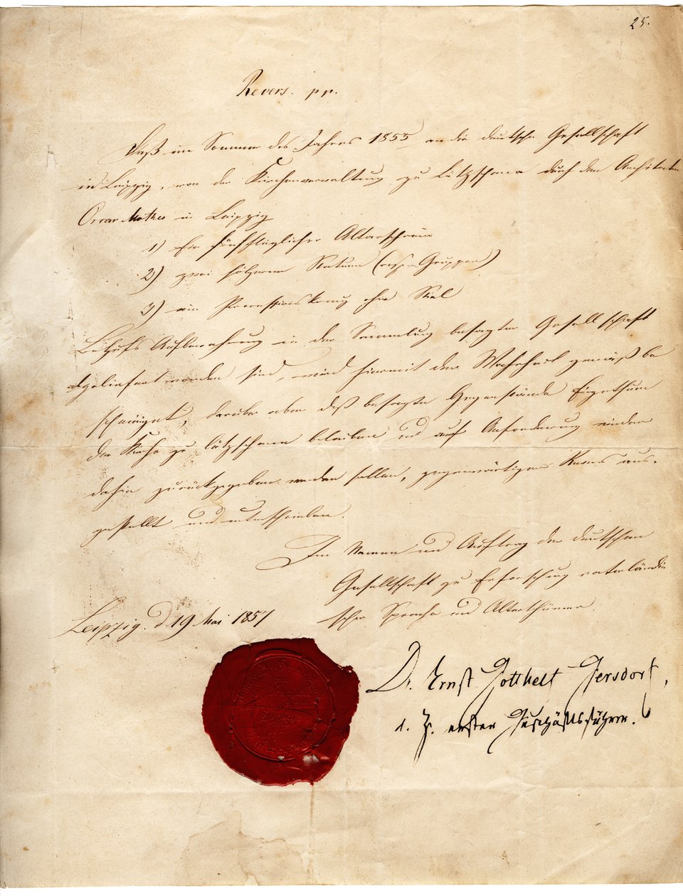 Revers av en samfunn for forskning av patriotisk språk og antikviteter for sognet Lützschena fra 19. mai 1857 av Deutsche Gesellschaft zu Erforschung vaterländischer Sprache und Alterthümer