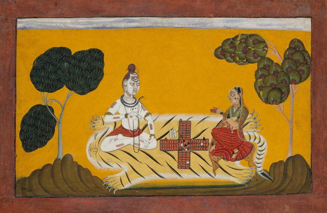 Shiva og Parvati Playing Chopper: Folio fra en Rasmanjari-serie, datert 1694–95. av Devidasa of Nurpur
