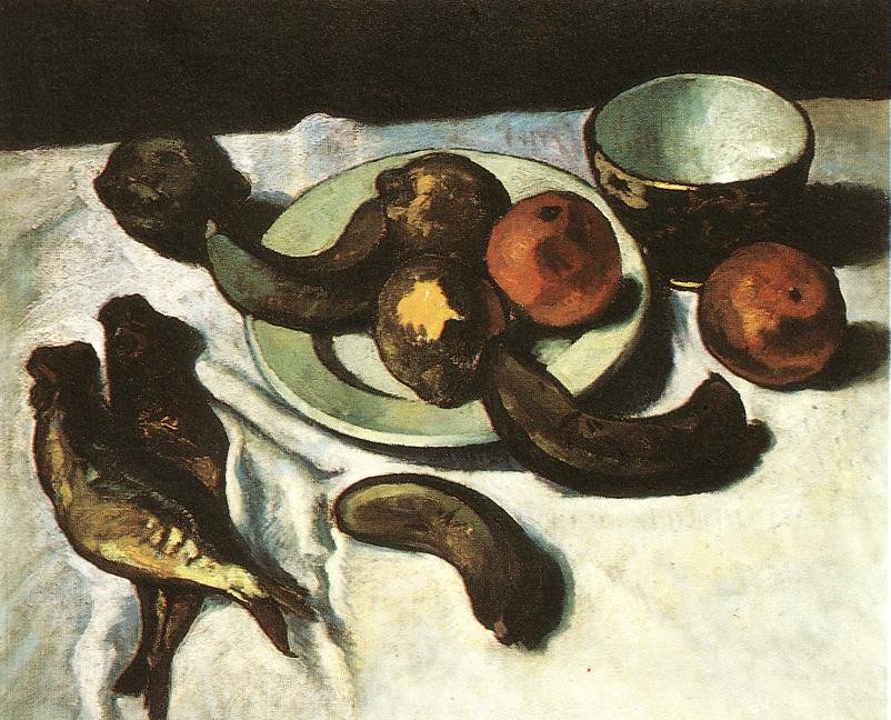 Stilleben med bananer, appelsiner og fisk av Dezso Czigany