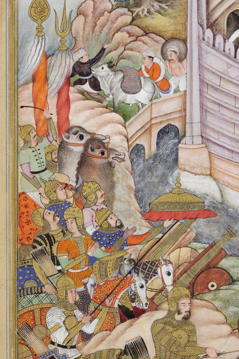 Detalj fra Baburs tropper tar festningen i Kabul, ca. 1590-1600 (ugjennomsiktig wc og gull på papir) av Dhannu, and Dharmdas Farrukh