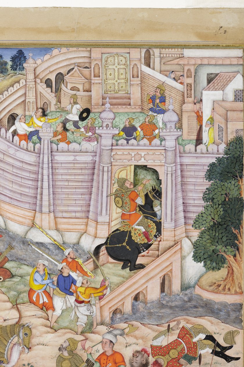 Detalj fra Baburs tropper tar festningen i Kabul, ca. 1590-1600 (ugjennomsiktig wc og gull på papir) av Dhannu, and Dharmdas Farrukh