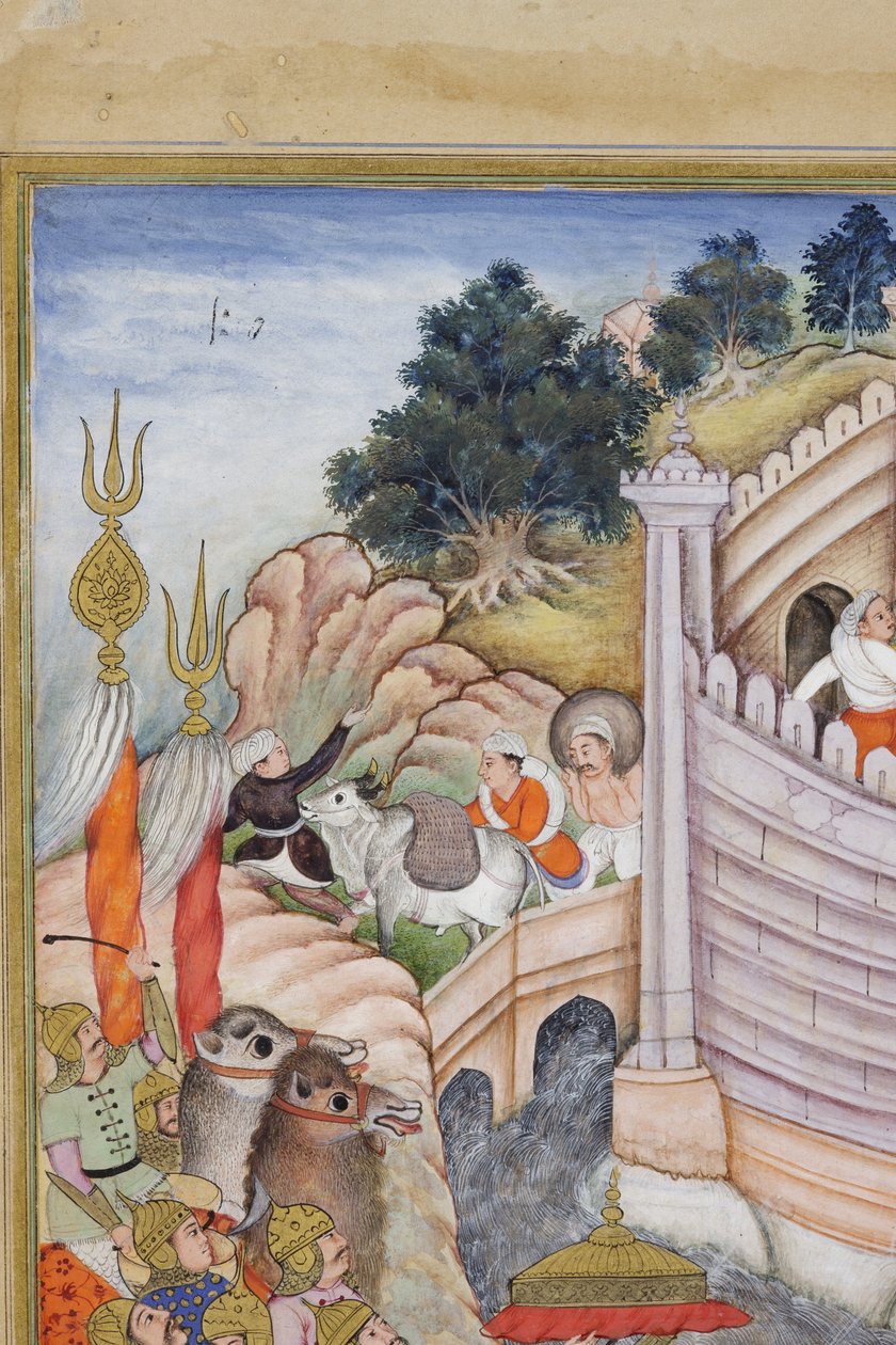 Detalj fra Baburs tropper tar festningen i Kabul, ca. 1590-1600 (ugjennomsiktig wc og gull på papir) av Dhannu, and Dharmdas Farrukh