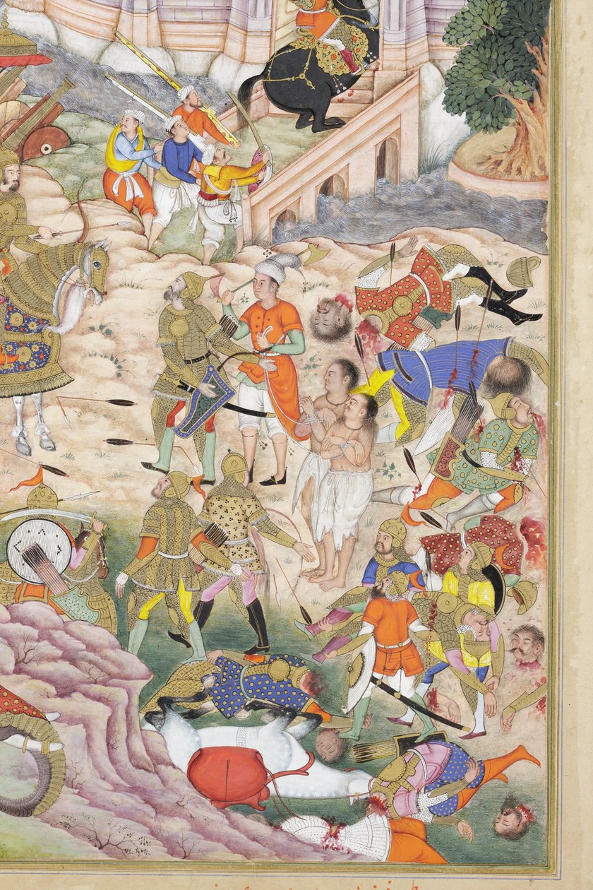 Detalj fra Baburs tropper som inntar festningen i Kabul, ca. 1590–1600 (ugjennomsiktig akvarell og gull på papir) av Dhannu & Dharmdas Farrukh